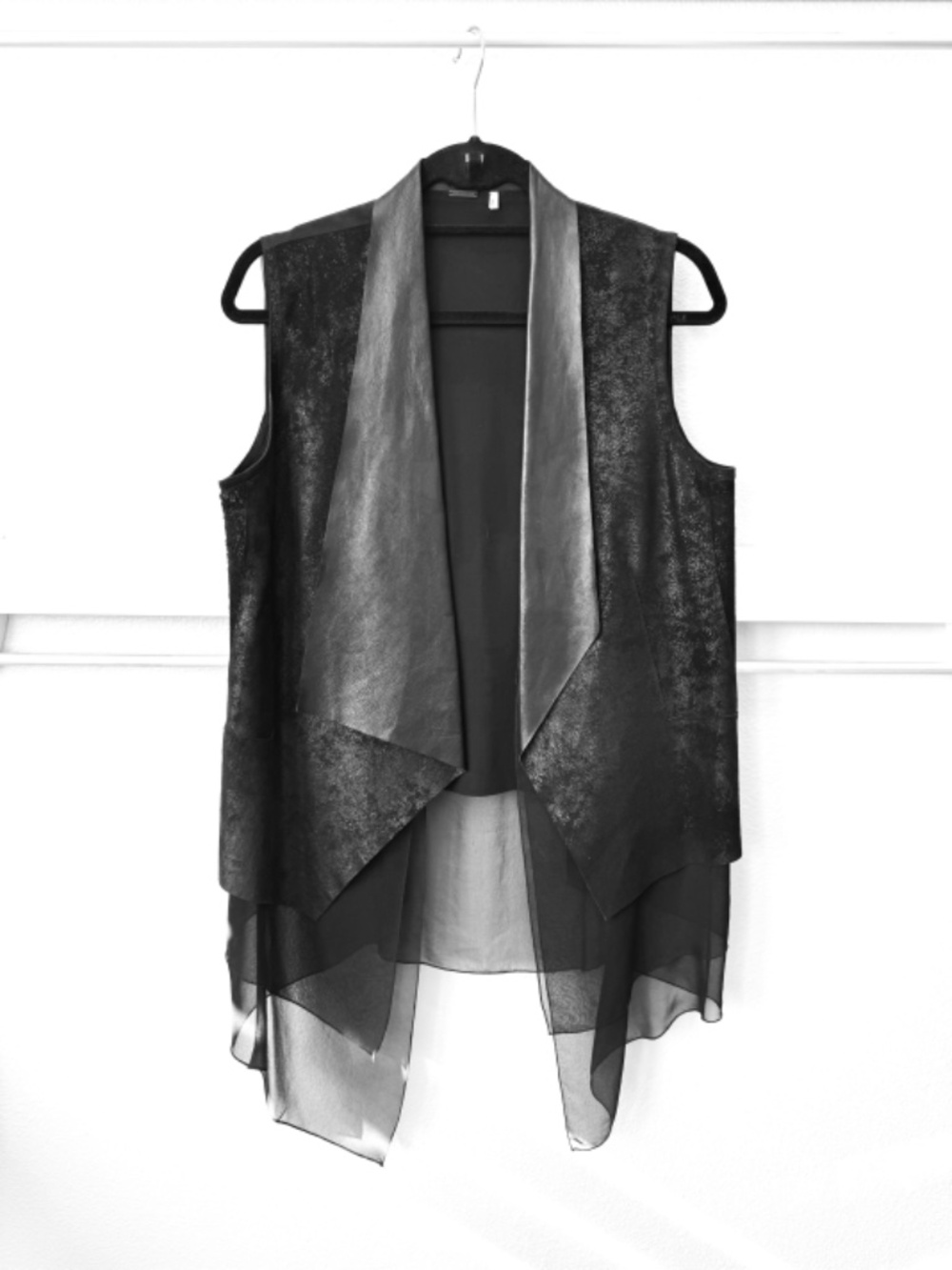Elie Tahari Black Leather & Silk Draped Waterfall Vest